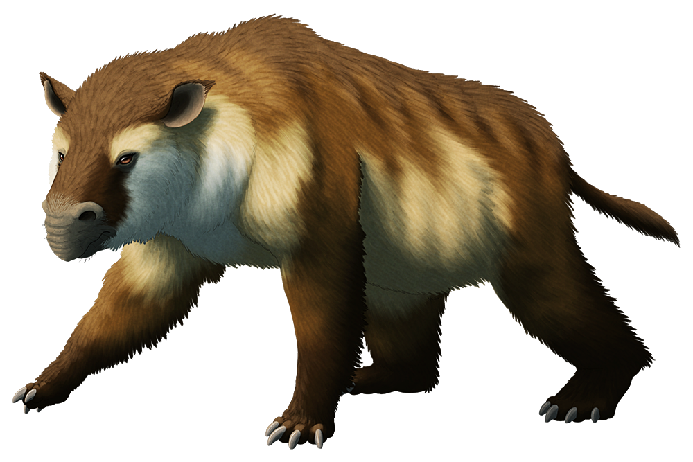 An illustration of an extinct relative of modern hoofed mammals. It resembles a bear or ground sloth, with a rhino-like upper lip and chunky claws on its limbs.