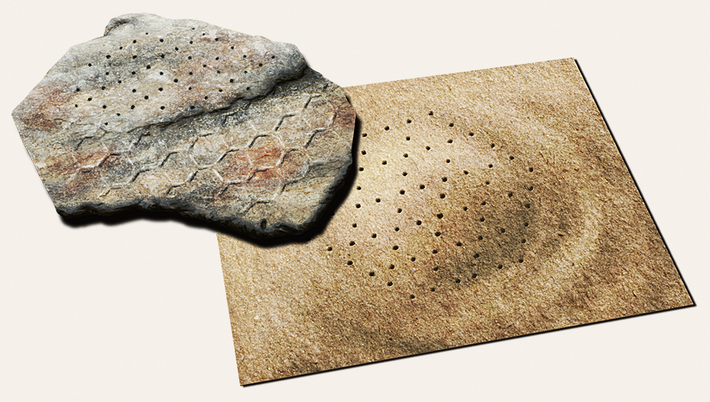 An illustration of a mysterious type of fossil burrow imprint. It resembles a honeycomb-like network of hexagonal tubes.