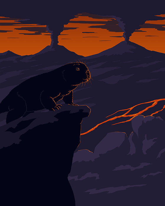 An illustration of an extinct dicynodont, a squat furry quadrupedal animal with a turtle-like beak and short downward-pointing tusks. It's standing on a craggy rock outcrop, backlit by an orange sky, surveying the apocalyptic volcanic hellscape of the end-Permian mass extinction.