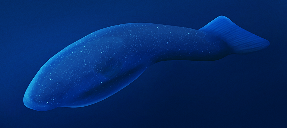 An illustration of an enigmatic fossil animal. It looks like a transparent swimming slug with a fish-like tail.
