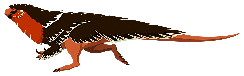 A stylized illustration of a bipedal herbivorous dinosaur. It has a small head with a blunt snout, and long curved thumb claws on its hands. Its body is covered in a speculative coat of fluffy feathers.