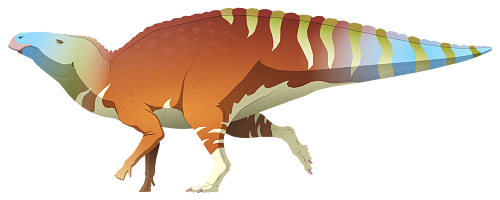 A stylized illustration of a herbivorous dinosaur. It has a large blunt beak, a chunky body with a thick tail, and walks on four legs – the front ones clawless and mitten-like with a free "pinky" finger, and the back ones more bird-like.