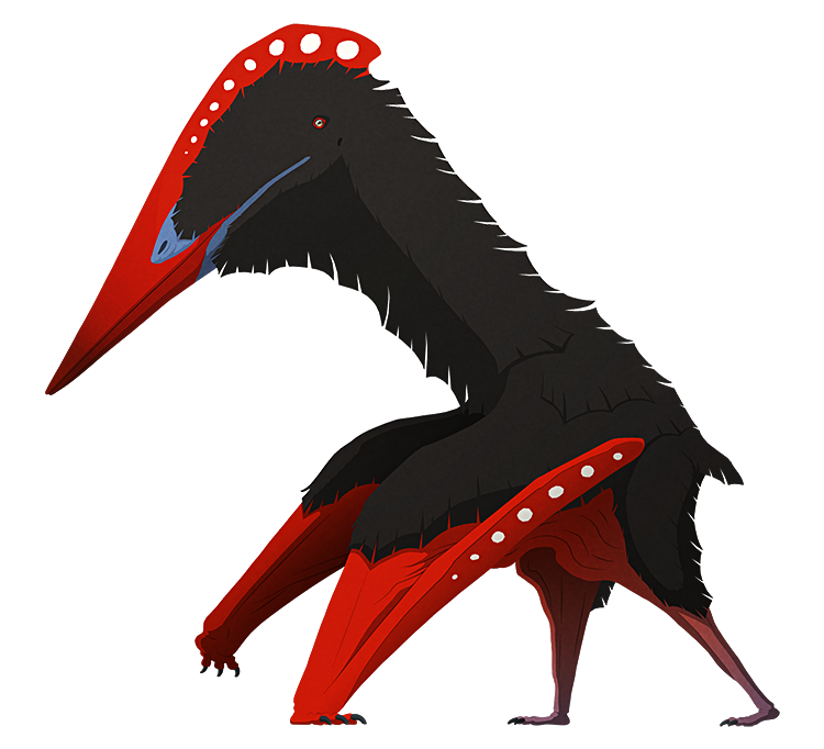 A stylized illustration of a giant pterosaur. It has a proportionally huge head with a large pointed beak, and a low bony crest. Its neck is very long, and its body is comparitvely small – its torso is smaller than its skull – with slender legs and its large wings folded up to walk on its tiny clawed fingers.