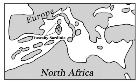 A map of the Mediterranean region during the Late Miocene, showing the location of the Tusco-Sardinian island.