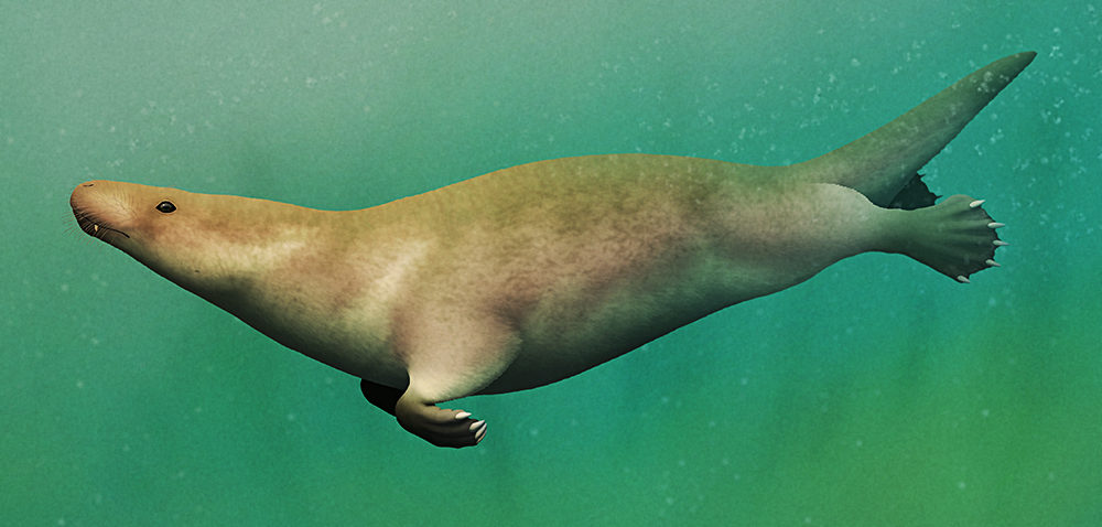 An illustration of an extinct furry mammal-like animal swimming underwater. It's vaguely otter-like with a streamlined body and short legs with webbed feet.
