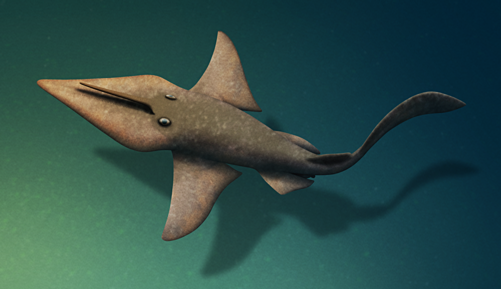 An illustration of an extinct cartilaginous fish swimming in dark greenish water. It has a flate kite-shaped head with a long horizontal horn-like spine growing from its forehead, large triangular pectoral fins, and a long tail.