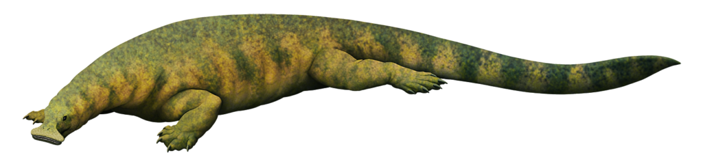 An illustration of an extinct marine reptile. It has a lizard-like body and a long paddle-like tail, and a small head with an oddly-shaped wide mouth lined with many tiny teeth – the overall shape of its bizarre jaws resembles the head of a vacuum cleaner!