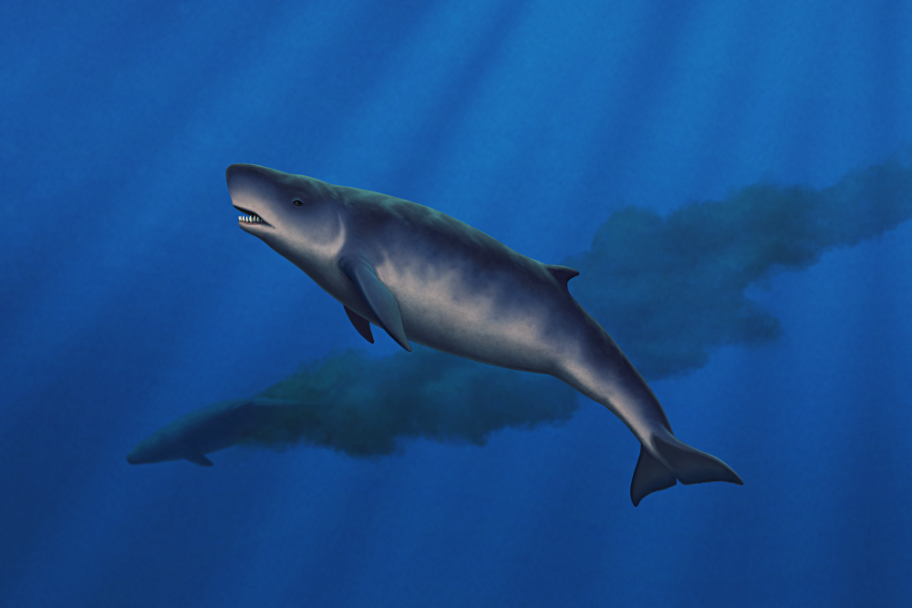 An illustration of an extinct whale related to modern sperm whales, swimming underwater. It has a short blunt snout with an underslung toothy jaw, vaguely resembling a shark, and a dolphin-like body with pointed flippers, a small triangular dorsal fin, and notched tail flukes. In the background a second individual is depicted swimming away rapidly as if spooked by something, releasing a defensive cloud of ink-like fluid from its rear end as it goes.