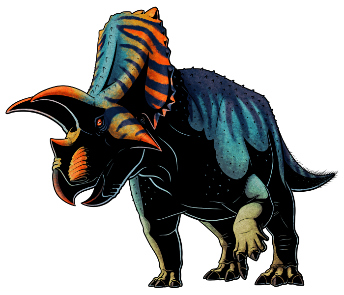 A colored ink drawing of an extinct horned dinosaur. It resembles a Triceratops, but with shorter chunkier brow horns, pointy cheek horns, and a longer frill. It has speculative knobbly scales scattered over its back and flanks, and short quill-like bristles on its tail, and it's depicted as brightly colored with bold striped blue, yellow, and red markings on its face.