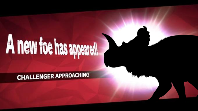 The new challenger screen from Super Smash Bros Ultimate, with the character silhouette replaced by that of Centrosaurus, a horned ceratopsian dinosaur. Text on the image reads "A new foe has appeared! Challenger approaching!"