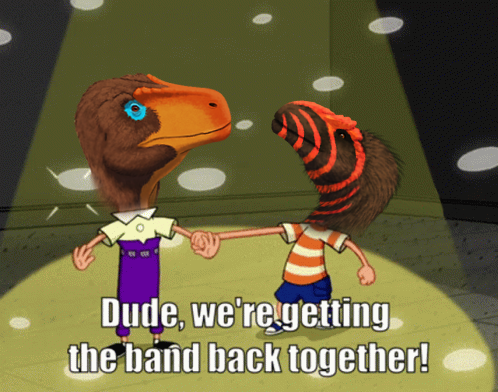 A screenshot from "Phineas and Ferb", with the two main characters in a room lit up by an offscreen disco ball, with one grabbing the arm of the other. Text below them reads "Dude, we're getting the band back together!" Both of their heads have been photoshopped into those of Megalosaurus and Asfaltovenator.