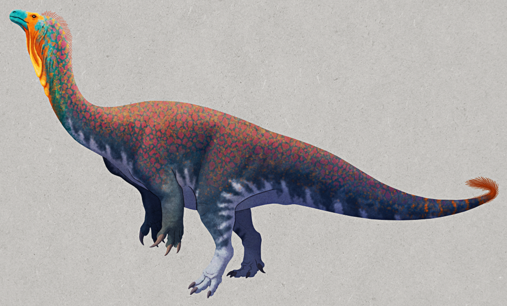 An illustration of Kholumolumo (previously known as "Thotobolosaurus"), an extinct prosauropod dinosaur. It's a bipedal dinosaur with a small head, long neck, chunky arms, thick bird-like legs, and a long counterbalacing tail. It's colored dark blue, with lighter striping on its underside and a speckled red-and-orange pattern along its back. Its face is brighter teal-blue with a mask-like streak of orange than continues down onto a fleshy throat dewlap. There are also reddish quill-like filaments on the back of its neck and in a tuft at the tip of its tail.