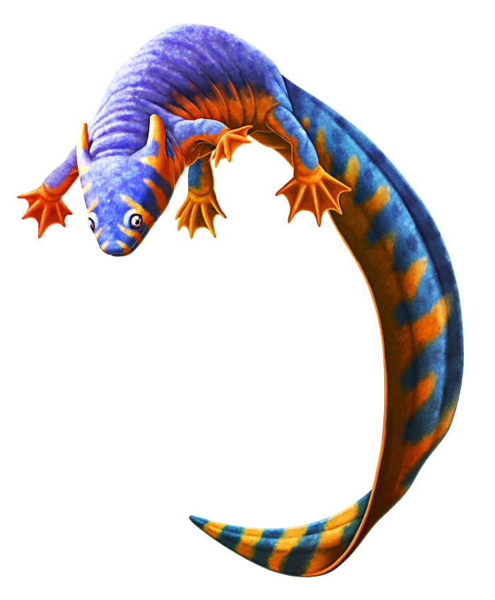 An illustration of Keraterpeton, an extinct amphibian, in a swimming pose. It resembles a salamander with a very long eel-like tail, with forelegs shorter than its hindlegs, and a pair of horn-like bony projections at the back of its skull that give it a dragon-like appearance. It's depicted as brightly colored, its body blue-violet on top with an orange underside and orange vertical stripes on its face and tail.