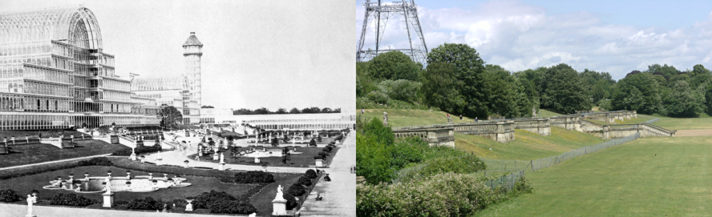 Two images of Victorian London's Crystal Palace building. On the left an old black-and-white photograph from around 1854 shows the original structure, a grand glass-paned building with ornate terraced gardens in front of it. On the right a more modern photo from 2011 shows what little remains today – just the ruins of the terraces and stairs.