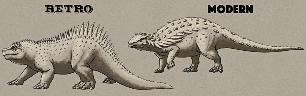 An illustration comparing the Crystal Palace depiction of Hylaeosaurus with a modern interpretation. The retro version looks like a large iguana-like lizard with a boxy head, four thick upright legs, and long spines along its back. The modern version is an ankylosaur dinosaur with a beaked snout, spiky armor along its back and sides, four relatively short legs, and a long tapering tail.