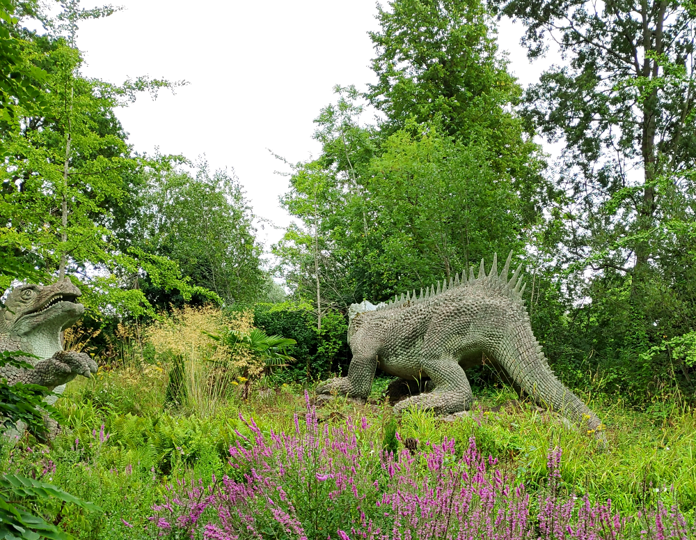 A photograph of the Crystal Palace Hylaeosaurus statue. It's a large bulky iguana-like reptile, with four bulky upright legs, spiky armor along its back, and a dragging tail. It's facing away from viewers so its head isn't visible. To the left one of the Iguanodon statues can be seen as if peeking into frame.