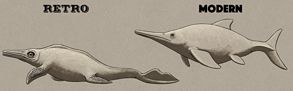 An illustration comparing the Crystal Palace depiction of an ichthyosaur with a modern interpretation. The retro version has long toothy jaws, very large eyes, a seal-like body, four scaly-looking flippers, and a small eel-like fin on its tail. The modern version is a much more dolphin-like animal with smaller eyes, smooth triangular flippers, a dorsal fin, and a vertical crescent-shaped tail fin.