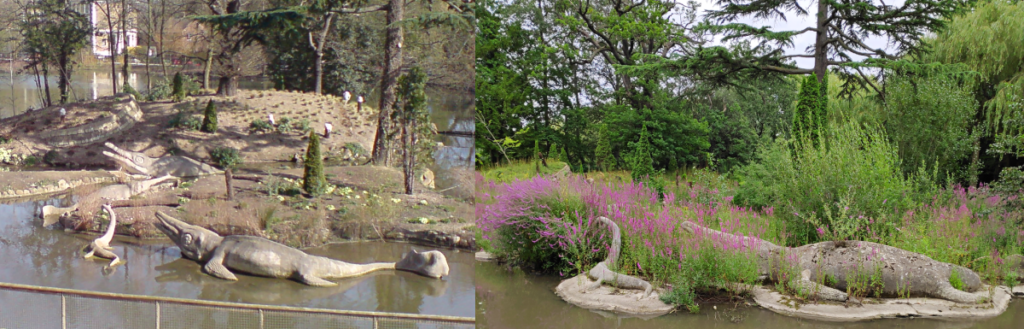 Two photographs of the Crystal Palace ichthyosaurs. On the left the island is clear of foliage and all three can be seen; and on the right is the current overgrown state.