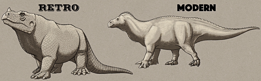 An illustration comparing the Crystal Palace depiction of Iguanodon with a modern interpretation. The retro version is a large bulky quadrupedal reptile, with a beaked snout, a horn on its nose, four thick upright legs, scaly skin, and a dragging tail. The modern version is an ornithopod dinosaur with a beaked snout, horse-like neck, large thumb spikes on its hands, chunky bird-like hind legs, and a thick tail.