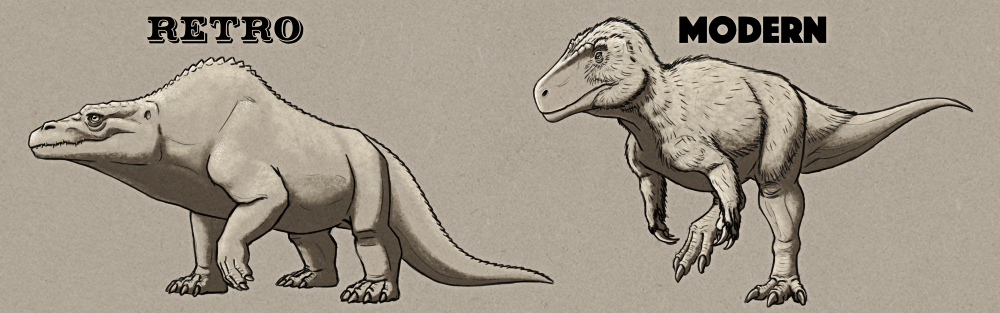 An illustration comparing the Crystal Palace depiction of Megalosaurus with a modern interpretation. The retro version looks like a mix of a crocodile and a bear, with toothy reptilian jaws, a humped back, four thick upright legs, and a dragging tail. The modern version is a bipedal theropod dinosaur with a rectangular snout, three-clawed hands, muscular legs and a long tapering tail. it's depicted here with a speculative coat of feathery fuzz.