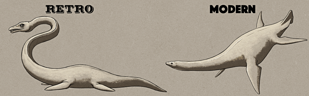 An illustration comparing the Crystal Palace depiction of an plesiosaur with a modern interpretation. The retro version has small grinning reptilian head, a long sinuous snake-like neck, a seal-like body with four flippers, and a tapering reptilian tail. The modern version has a smoother head, a less flexible neck, a chunkier body with four turtle-like flippers, and a short thick tail with a small vertical fin.