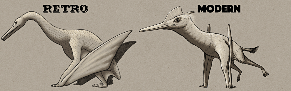 An illustration comparing the Crystal Palace depiction of pterosaurs with a modern interpretation. The retro version has a small head with long toothy jaws, a long swan-like neck, folded membranous wings, and skin covered in large overlapping snake-like scales. The modern version has a larger head with a crest, a thicker less curved neck, more elastic and tightly-folded wing membranes, and a coat of fur-like fuzz over its body.
