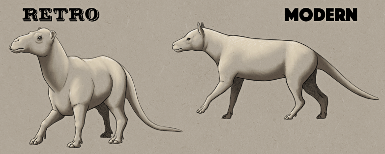 An illustration comparing the Crystal Palace depiction of Anoplotherium with a modern interpretation. The retro version has a camel-like head, camel-like feet, a dog-like body, and a thick tail. The modern version is similar-looking, but with a more dog-like head and two-toed feet somewhere between claws and hooves.
