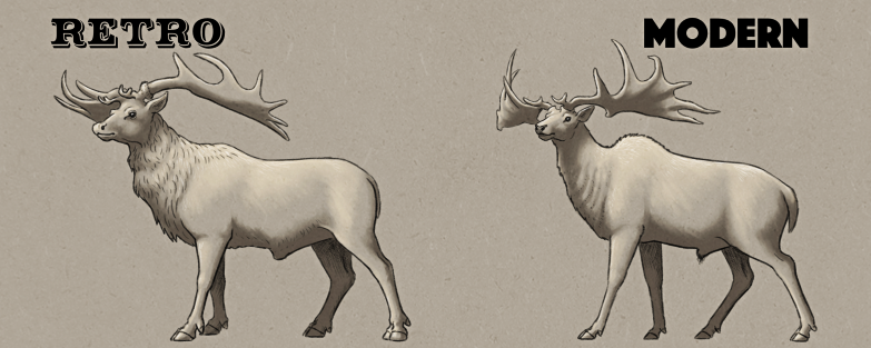 An illustration comparing the Crystal Palace depiction of Megaloceros with a modern interpretation. The retro version is a large wapiti-like deer with enormous antlers and a thick neck name. The modern version is very similar-looking but based more on a fallow deer, and has a large hump on its shoulders.