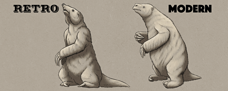 An illustration comparing the Crystal Palace depiction of Megatherium with a modern interpretation. The retro version is a giant ground sloth with a trunked nose, a thick coat of fur, clawed hands, inturned feet, and a tail being used like a tripod in a sitting pose. The modern version is very similar-looking, but with pointed rhino-like lips instead of a trunk.