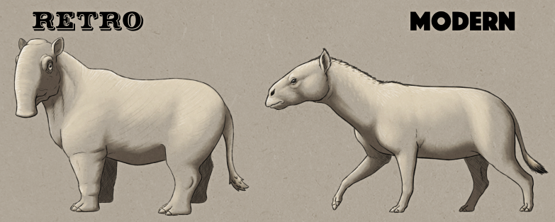 An illustration comparing the Crystal Palace depiction of Palaeotherium magnum with a modern interpretation. The retro version is a chunky animal with a trunked tapir-like head and rhino-like body. The modern version is more horse-like, with slender legs and three-toed hoofed feet.