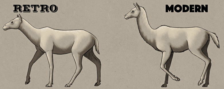 An illustration comparing the Crystal Palace depiction of Xiphodon with a modern interpretation. The retro version is a long-legged camel-like animal with no hump. The modern version is very similar-looking but looks more a like a llama.