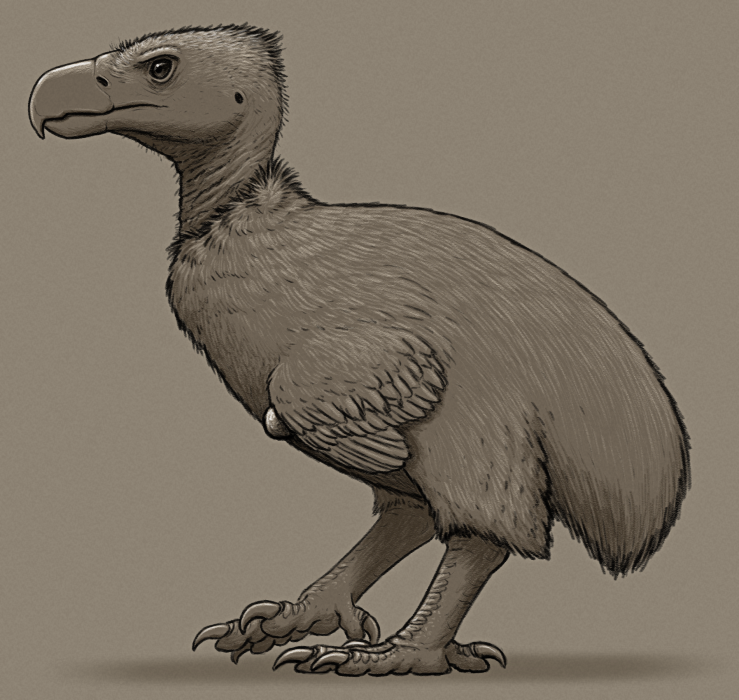 A shaded sketch of a speculative flightless eagle. It has a large head with a big hooked beak, with the skin on its head and neck only sparsely feathered like a vulture. It's body is chunky and covered in shaggy feathers, and it has thick legs and stumpy tail. Its small vestigial-looking wings have a large bony knob growing from just below the wrist joint.