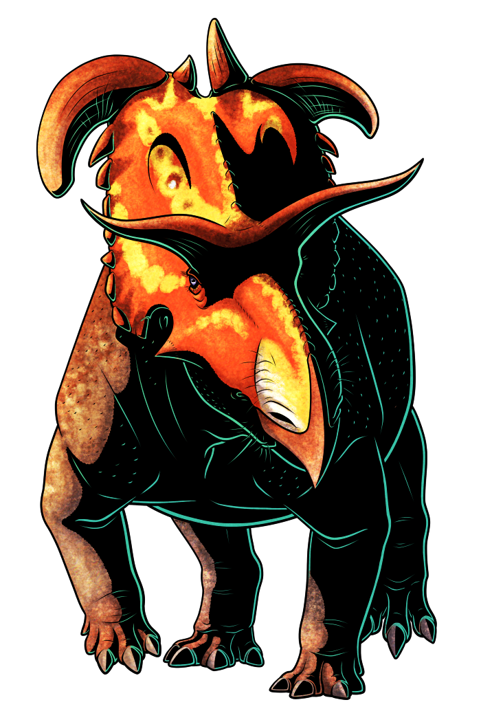 A colored digital ink illustration of Lokiceratops, an extinct horned ceratopsian dinosaur, depicted walking towards the viewer with its body half in deep shadow. It's a bulky quadrupedal dinosaur with a large beak and a neck frill, somewhat resembling its distant relative Triceratops, but while it has similar long brow horns the rest of its head ornamentation is different. It has no nose horn, and its frill is rather squarish in shape, with two large curving blade-like spikes at the top that aren't symmetrical. It's body is colored mottled brown and it head is colored orange-red with yellow blotchy markings.