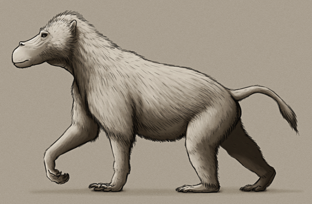 A shaded sketch of a speculative descendant of geladas. It's a baboon-like quadrupedal monkey with front limbs longer that the hind limbs giving it a sloping back. It has a long almost horse-like snout, small high-set eyes, small ears, a rather long neck for a primate, and a short tufted tail. Its front limbs are digitigrade and have large curved claws, while its back limbs are plantigrade with smaller nail-like claws.