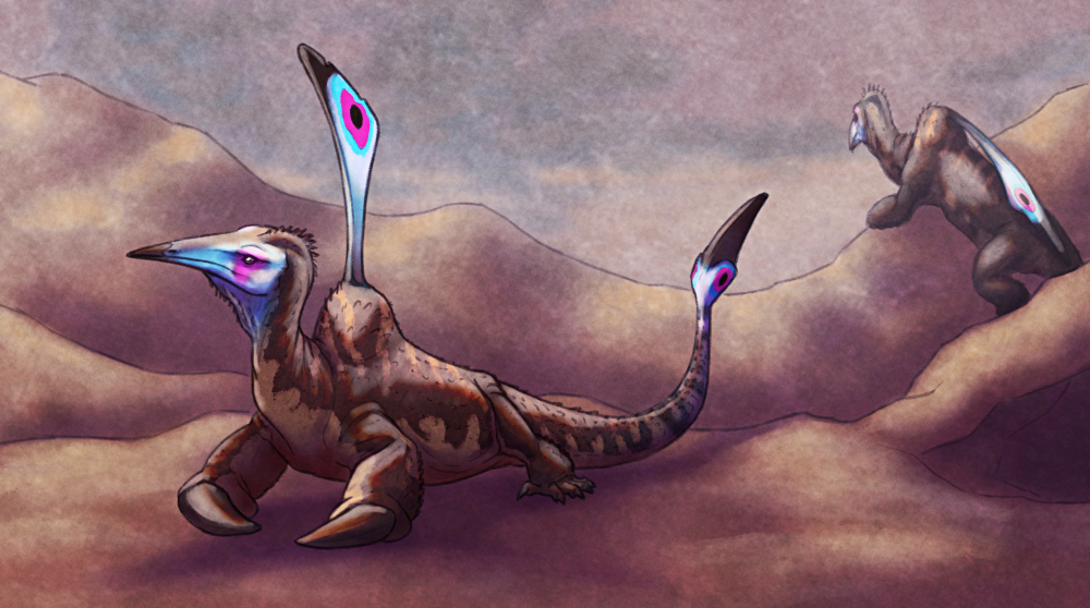 An illustration of a speculative drepanosaur, displaying its two "false heads", one formed from its tail tip and one from a plume-like structure on its back. Both decoys are vividly colored similarly to its actual bird-like head.